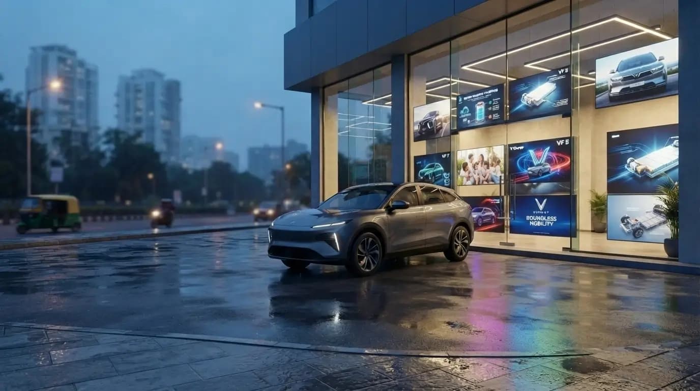 Electric SUVs at a modern Indian EV showroom at dusk — independent VinFast and EV dealership investment analysis.